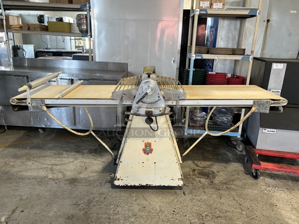 Rondo Seewer Model SVR Metal Commercial Floor Style Reversible Dough Sheeter w/ 2 Rolling Pins. 220/380 Volts, 3 Phase. 86x44x43