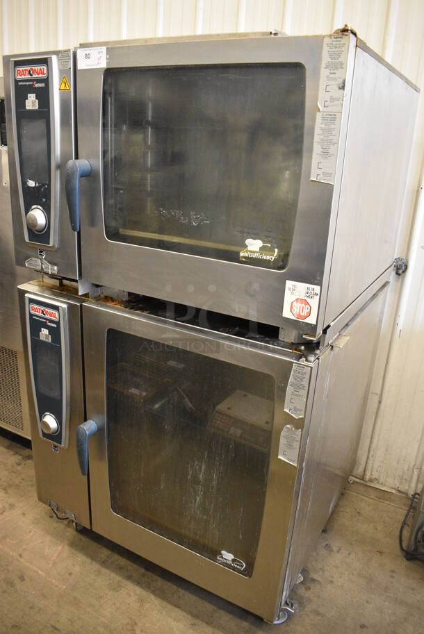 2 Rational Stainless Steel Commercial Combitherm Self Cooking Center Convection Ovens on Commercial Casters. Top Model: SCC WE 62. Bottom Model: SCC WE 102. 480 Volts, 3 Phase. 42x40x72. 2 Times Your Bid!