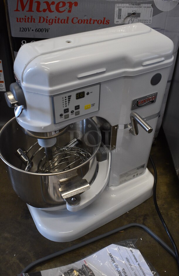 BRAND NEW! Avantco Model 177MIX8WH Metal Commercial Countertop 8 Quart Planetary Dough Mixer w/ Metal Mixing Bowl, Paddle, Whisk and Dough Hook Attachments. 120 Volts, 1 Phase. 12x15x19
