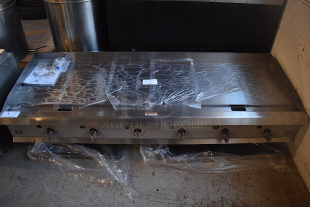 BRAND NEW SCRATCH AND DENT! CPG GT-CPG-72-NL Stainless Steel Commercial Countertop Natural Gas Powered Flat Top Griddle w/ Thermostatic Controls. 180,000 BTU. 72x29x16 - Image 1 of 8