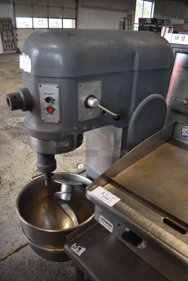 Hobart H600 Metal Commercial Floor Style 60 Quart Planetary Mixer w/ Stainless Steel Mixing Bowl and Dough Hook Attachment. 208 Volts, 3 Phase. 26x42x56