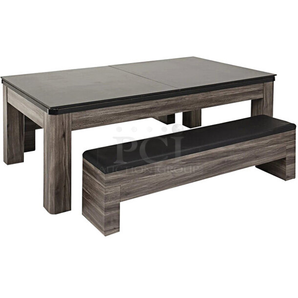 BRAND NEW SCRATCH AND DENT! Atomic G05302W 115G05302W Hampton 7' Gray Wood Conversion Top Billiard / Ping Pong / Dining Table Set with Benches and Accessories. Stock Picture Used As Gallery - Image 1 of 6
