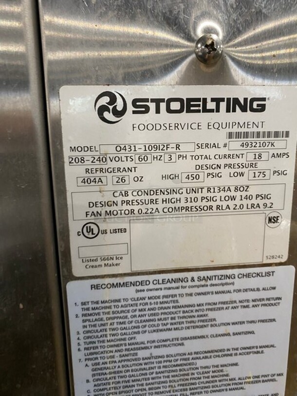 Stoelting Commercial 2 Flavor Soft Serve Ice Cream/Yogurt Machine! All Stainless Steel! On Casters! Model O431109I2FR SN:493210K 208-240V 3PH  - Image 8 of 9