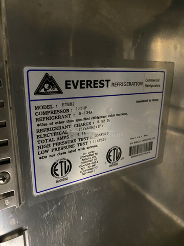Everest Commercial 2 Door Lowboy/ Worktop Cooler! All Stainless Steel! On Casters! Model: ETBR2 SN: BTBR213020010 115V 60HZ 1 Phase - Image 7 of 8