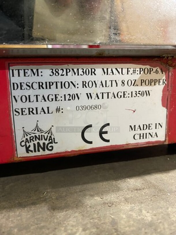 Carnival King Commercial Countertop Popcorn Machine! With 8 OZ Kettle! Glass All Around Showcase Style! Model: 382PM30R SN: 0390680 120V! Working When Removed!   - Image 10 of 12