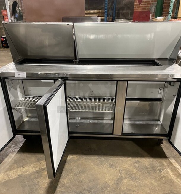 True Commercial Refrigerated Mega Top Sandwich Prep Table! With 3 Door Storage Space Underneath! Poly Coated Racks! All Stainless Steel! On Casters! Model: TSSU7218 SN: 14477571! 115V 60HZ 1 Phase! - Image 5 of 9