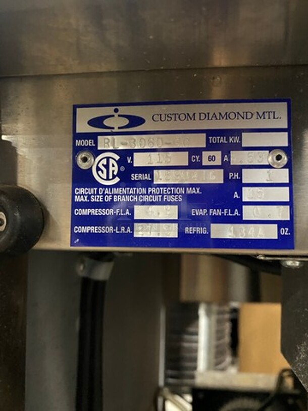 GREAT! LATE MODEL! Diamond Commercial 2 Door Refrigerated Lowboy/Worktop Cooler! With Backsplash! All Stainless Steel! On Casters! WORKING WHEN REMOVED! Model: RL3060SC SN: 1890416 115V 60HZ 1 Phase - Image 6 of 7