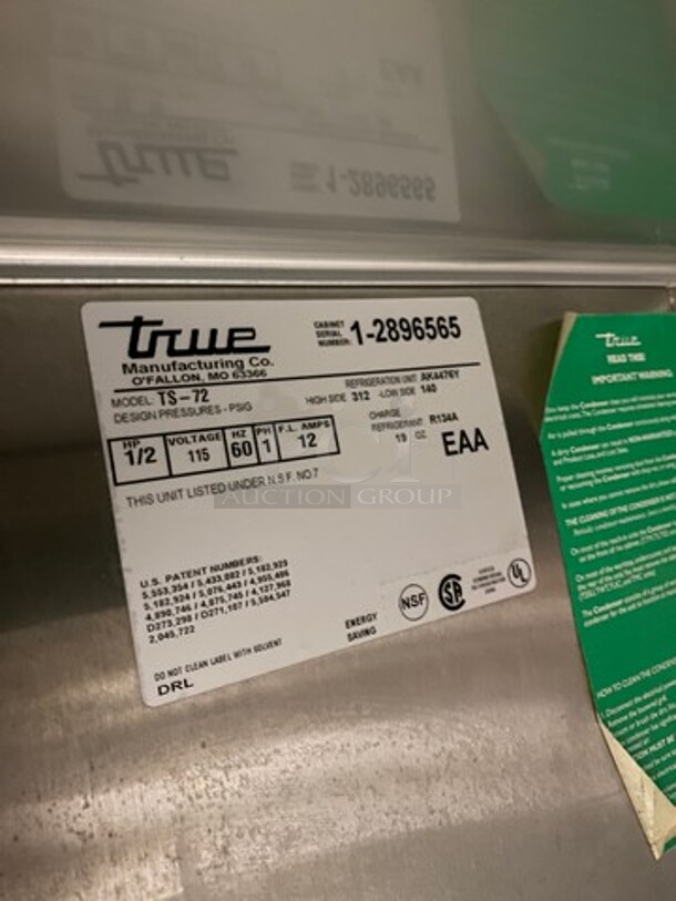 True Commercial 3 Door Reach In Cooler! With Poly Coated Racks! All Stainless Steel! Model: TS72 SN: 12896565 115V 60HZ 1 Phase - Image 10 of 10