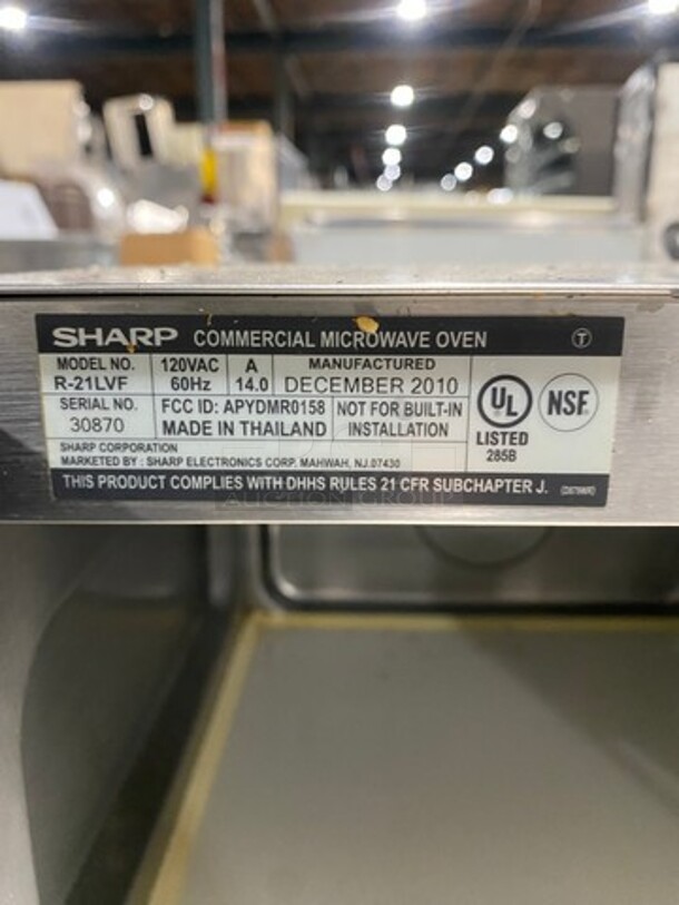 2010 Sharp Commercial Countertop Microwave Oven! With View Through Door! All Stainless Steel! Model: R21LVF SN: 30870 - Image 7 of 8