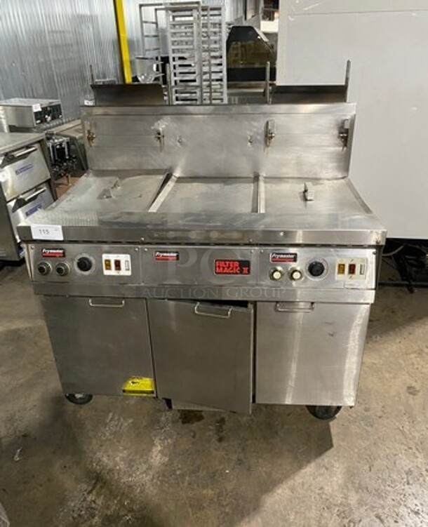 Frymaster Commercial Natural Gas Powered 2 Bay Deep Fat Fryer With Middle Dumping Station! With Back Splash! All Stainless Steel! On Casters! Model: FM245EBLMSC SN: 0012GI0052 - Image 1 of 11