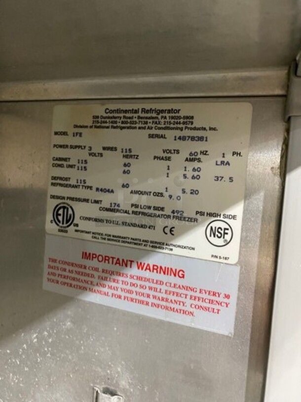 Continental Commercial Single Door Reach In Freezer! All Stainless Steel! On Casters! Model: 1FE SN: 14878381 115V 60HZ 1 Phase - Image 7 of 8