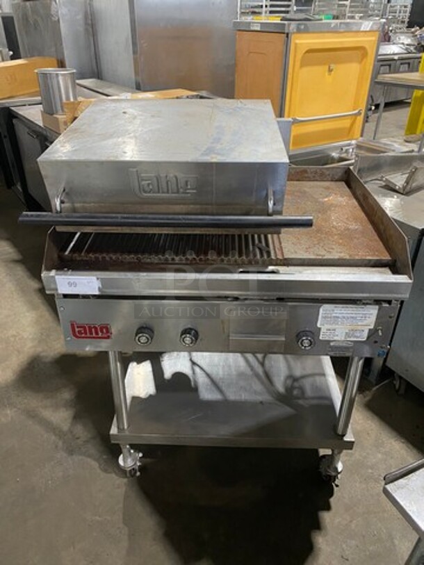 NICE! Lang Natural Gas Powered Groove Panini Style Grill/Flat Griddle Combo! With Underneath Storage Space! All Stainless Steel! On Casters!