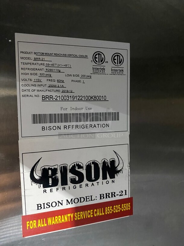 2019 Bison Commercial Single Door Reach In Cooler! Poly Coated Racks! All Stainless Steel! With Casters! Working When Removed! MODEL BRR21 SN: BRR2100319122100K80010 115V 1PH  - Image 6 of 10