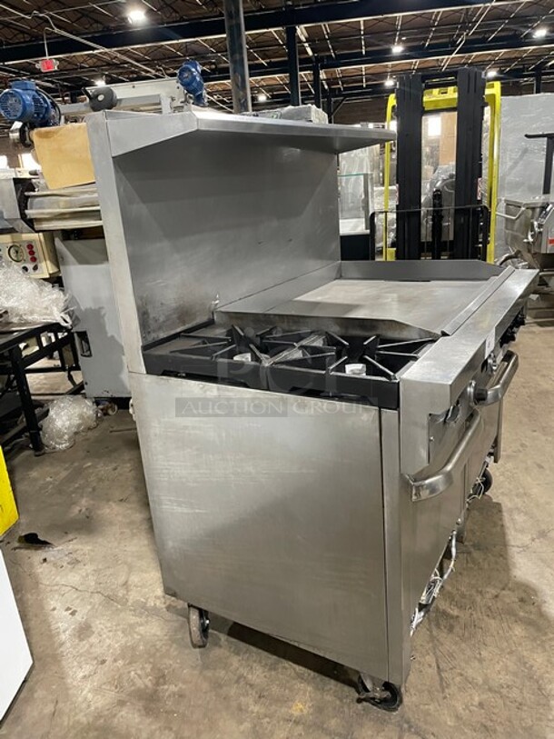 Nice! All Stainless Steel Natural Gas Powered Combo Range! 2 Burner With 36 Inch Flat Top  Griddle! With Two Ovens Underneath! On Commercial Casters! - Image 2 of 10