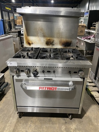 Patriot FMGR-36/NG Stainless Steel Commercial Natural Gas Powered 6 Burner Range w/ Oven and Back Splash on Commercial Casters!19105340067!