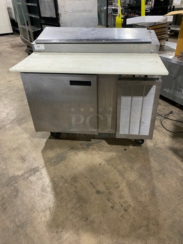 Delfield Commercial Refrigerated Pizza Prep Table! With Commercial Cutting Board! With Single Door Storage Space Underneath! Poly Coated Rack! All Stainless Steel! On Casters! Model: 18648PTB SN: BBR594999T 115V 60HZ 1 Phase