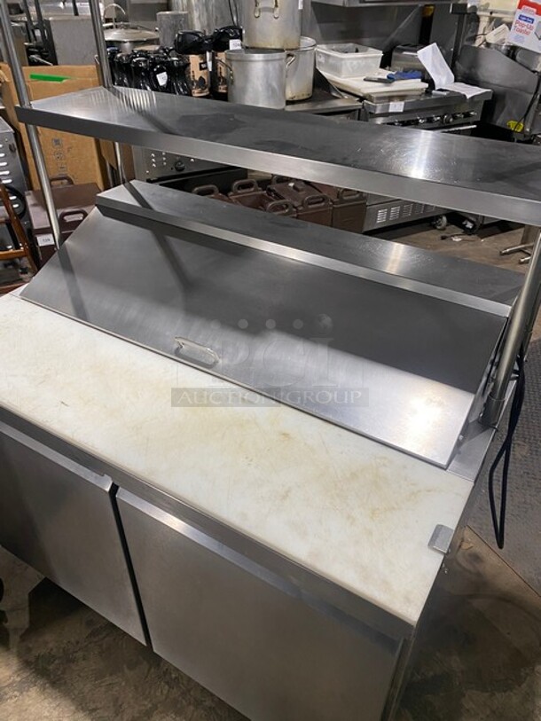 2021 Serv-Ware Prep Table With Commercial Cutting Board And 2 Doors Underneath!  w/ 2 Tier Over Shelf on Commercial Casters! Working When Removed! MODEL SP4812HC SN:21032106  - Image 12 of 12