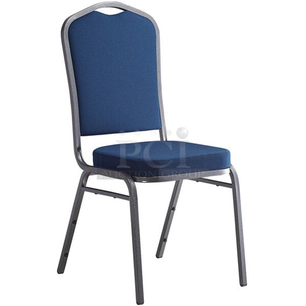 BRAND NEW SCRATCH & DENT! Lancaster Table & Seating 164BNQCRNVY Navy Fabric Crown Back Stackable Banquet Chair with Silver Vein Frame. 7x Your Bid. Some of the chairs have bent legs. 

 - Image 1 of 3