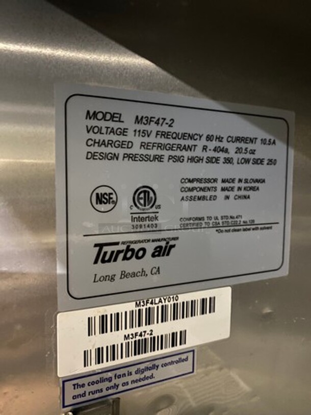 Turbo Air Commercial 2 Door Reach In Freezer! With Poly Coated Racks! All Stainless Steel! On Casters! Model: M3F472 SN: M3F4LAY010 115V 60HZ 1 Phase - Image 8 of 9