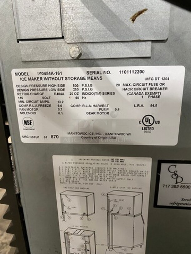 Manitowoc Commercial Ice Machine Head! Stainless Steel Body! Model: IY0454A161 SN: 1101112200 115V 60HZ 1 Phase - Image 6 of 10