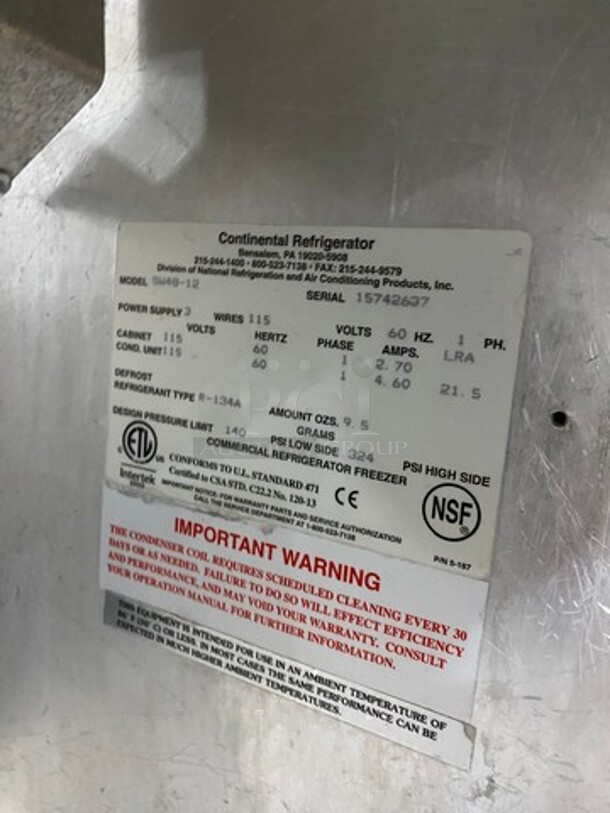 Continental Commercial Refrigerated Sandwich Prep Table! With 2 Door Underneath Storage Space! All Stainless Steel! Model: SW4812 SN: 15742637 115V 60HZ 1 Phase - Image 7 of 8