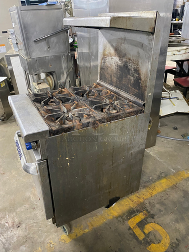 Imperial Commercial Natural Gas Powered 4 Burner Stove! With Raised Back Splash And Salamander Shelf! With Oven Underneath! All Stainless Steel! On Casters! - Image 3 of 11