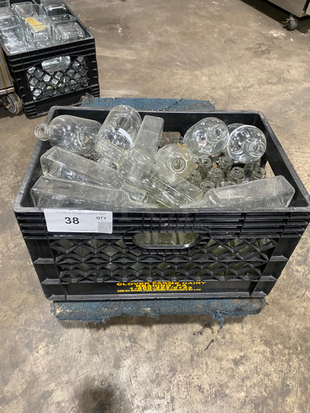 ALL ONE MONEY! Assorted Style And Size Clear Glass Bottles! For Multipurpose Use! Includes Black Poly Crate!