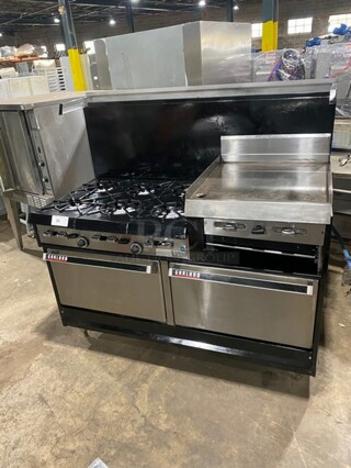 BEAUTIFUL! GARLAND All Stainless Steel Natural Gas Powered 6 Burner Range W/ Raised Right Side Flat Top W/ Cheese Melter! With 2 Ovens W/ Metal Racks! With Raised Over Back Splash & Slamander Shelf! On Legs!