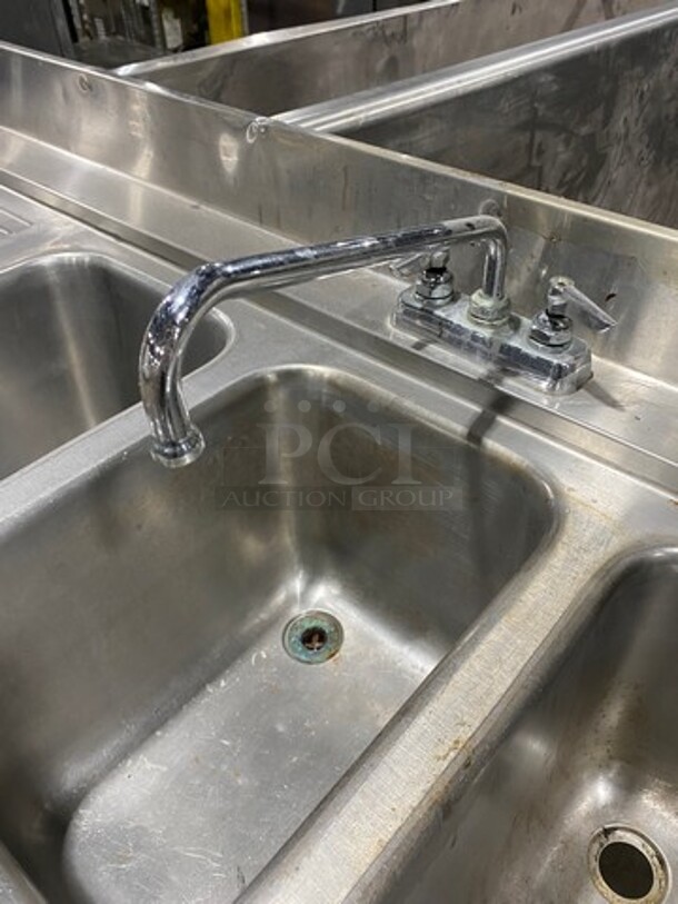SWEET! Supreme Metal Commercial 3 Bay Bar Back Sink! With Dual Side Drain Boards! With Back Splash! With Faucets And Handles! All Stainless Steel! On Legs! - Image 8 of 10