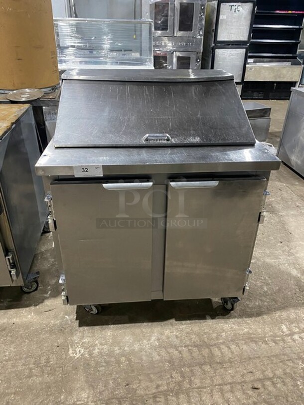 All Stainless Steel Commercial Refrigerated Sandwich Prep Table! With 2 Door Underneath Storage Space! On Casters! - Image 1 of 9