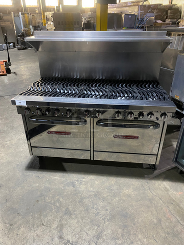 MUST HAVE! Southbend Commercial Gas Powered 10 Burner Stove! With 2 Full Size Ovens (One Convection Oven/One Regular Oven)! With Metal Oven Racks! With Backsplash And Over Head Salamander Shelf! Solid Stainless Steel! On Casters! Model: S560AD-W SN: 07F46762 120V 60HZ 1 Phase