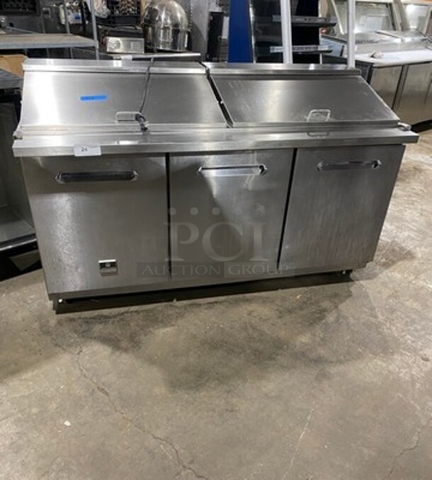 LATE MODEL! Kelvinator Commercial Refrigerated Sandwich Prep Table! With 3 Door Storage Space Underneath! All Stainless Steel! On Casters! Model: KCHMT7030 SN: 20820008 115V 1Phase! Working When Removed! 