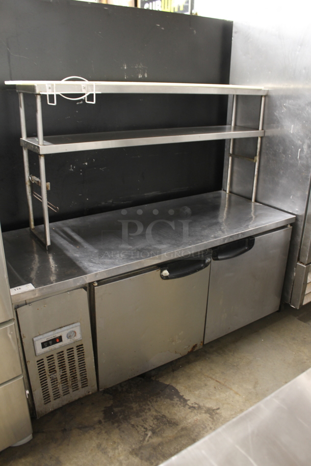 Stainless Steel Commercial 2 Door Work Top Cooler w/ 2 Tier Over Shelf. 115 Volts, 1 Phase. Tested and Working! - Image 1 of 7