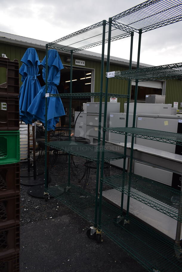 Green Finish 4 Tier Wire Shelving Unit on Commercial Casters. BUYER MUST DISMANTLE. PCI CANNOT DISMANTLE FOR SHIPPING. PLEASE CONSIDER FREIGHT CHARGES. - Image 1 of 2