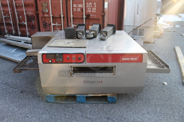 Blodgett MT-32S Master-Therm Stainless Steel Commercial Natural Gas Powered Conveyor Pizza Oven w/ Metal Legs on Commercial Casters. 125,000 BTU. - Image 1 of 9