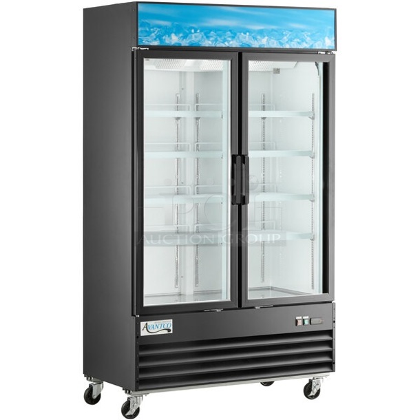 BRAND NEW SCRATCH AND DENT! 2024 Avantco 178GDC40HCB Metal Commercial 2 Door Reach In Cooler Merchandiser w/ Poly Coated Racks. 115 Volts, 1 Phase. Tested and Powers On But Does Not Get Cold