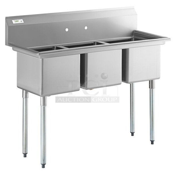 BRAND NEW SCRATCH AND DENT! Regency 600S31515 54" 16-Gauge Stainless Steel Three Compartment Commercial Sink with Galvanized Steel Legs and without Drainboards - 15" x 15" x 12" Bowls. No Legs - Image 1 of 8