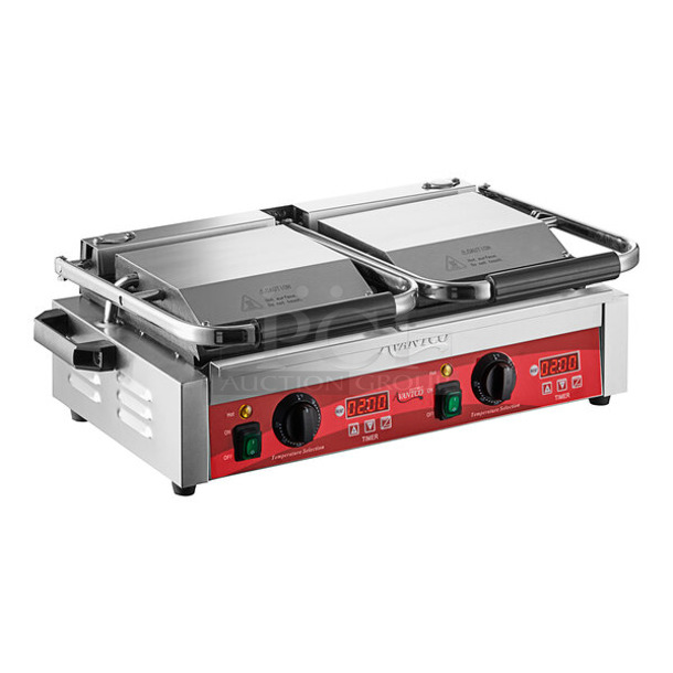 BRAND NEW SCRATCH AND DENT! Avantco 177PG400GST Commercial Dual Panini Sandwich Grill with Timer, Grooved Top and Smooth Bottom Plates, and 19 5/8