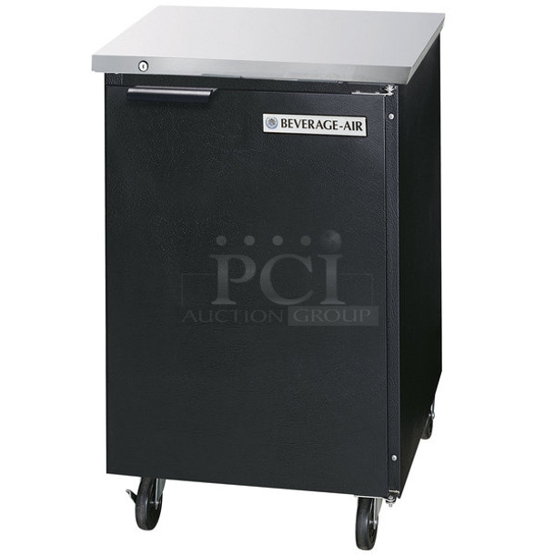 BRAND NEW SCRATCH AND DENT! Beverage Air BB24HC-1-B Stainless Steel Commercial Black Counter Height Solid Door Back Bar Refrigerator on Commercial Casters. 120 Volts, 1 Phase. Tested and Working! - Image 1 of 7