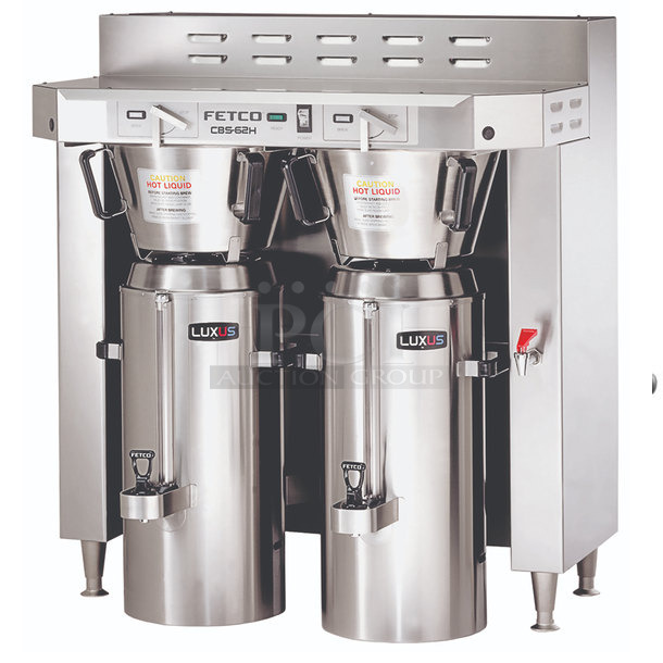 BRAND NEW SCRATCH AND DENT! Fetco CBS-62H Stainless Steel Commercial Countertop Double Coffee Machine w/ Hot Water Dispenser and 2 Metal Brew Baskets. Does Not Come w/ Satellites. 120/208-240 Volts, 1 Phase. 