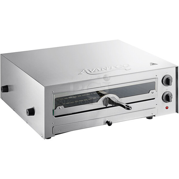 BRAND NEW SCRATCH AND DENT! Avantco 177CPO16TSGL Stainless Steel Countertop Pizza / Snack Oven with Adjustable Thermostatic Control and Glass Door. Missing Glass on Door. 120 Volts, 1 Phase. Tested and Working!