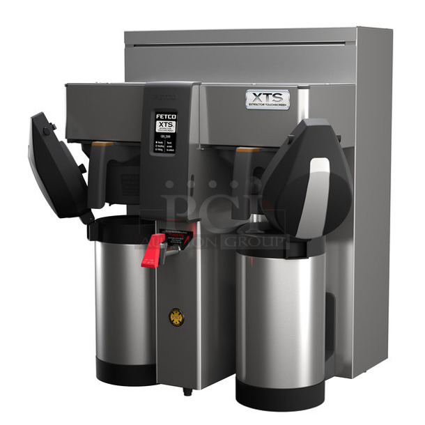 BRAND NEW SCRATCH AND DENT! Fetco CBS-2132-XTS E213251 XTS Series Stainless Steel Commercial Countertop Double Automatic Coffee Brewer w/ Hot Water Dispenser and 2 Metal Brew Baskets. Does Not Come w/ Servers. 200-240 Volts, 1 Phase. 