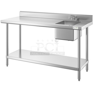 BRAND NEW SCRATCH AND DENT! Regency 600ST3072R 30" x 72" 16 Gauge Stainless Steel Work Table with Sink. No Under Shelf or Legs. 