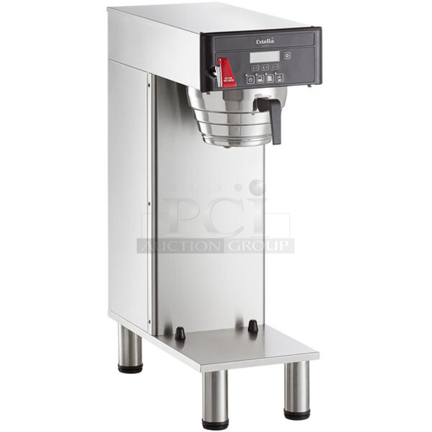BRAND NEW SCRATCH AND DENT! Estella AIS0DAF Stainless Steel Commercial Automatic Single Shuttle Coffee Maker with Digital Display w/ Hot Water Dispenser and Metal Brew Basket. 120 Volts, 1 Phase. - Image 1 of 7