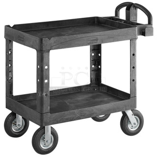 BRAND NEW SCRATCH AND DENT! Rubbermaid FG452010BLA Black Medium Lipped Heavy Duty Two Shelf Utility Cart with Ergonomic Handle and 8" Pneumatic Casters