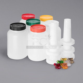 3 Boxes of 6 BRAND NEW SCRATCH AND DENT! Carlisle Store N' Pour 1/2 Gallon Container Set with Assorted Color Caps, Necks and Spouts PS701B00. 3 Times Your Bid!
