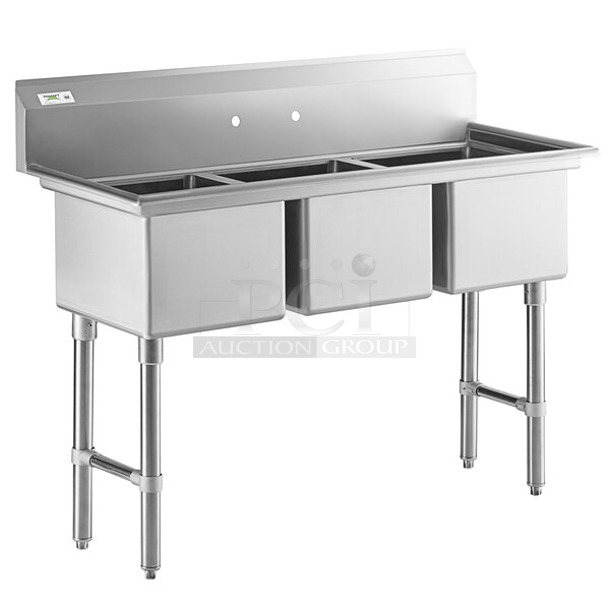 BRAND NEW SCRATCH AND DENT! Regency 600S31818 63" 16 Gauge Stainless Steel Three Compartment Commercial Sink with Stainless Steel Legs and Cross Bracing - 18" x 18" x 14" Bowls. No Legs.  - Image 1 of 7