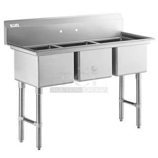 BRAND NEW SCRATCH AND DENT! Regency 600S31818 63" 16 Gauge Stainless Steel Three Compartment Commercial Sink with Stainless Steel Legs and Cross Bracing - 18" x 18" x 14" Bowls. No Legs. 
