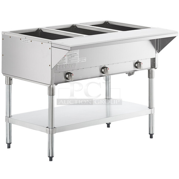 BRAND NEW SCRATCH AND DENT! ServIt 423GST3WENG Stainless Steel Commercial Natural Gas Powered Three Pan Open Well Natural Gas Steam Table. 10,500 BTU. No Legs or Under Shelf.  - Image 1 of 8