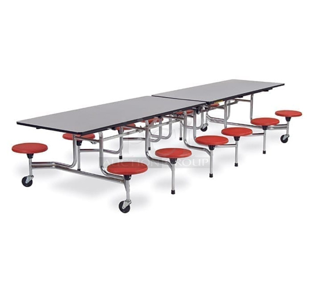 BRAND NEW SCRATCH AND DENT! Folding Cafeteria Table on Commercial Casters w/ Box of National Public Seating SM-40 Red Poly Seats. - Image 1 of 9